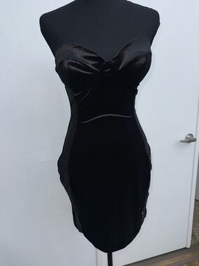 Strapless Black Satin & Velvet Sheath Dress